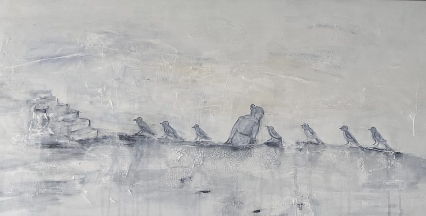 Noch vor dem ersten Gezwitscher, Mischtechnik auf Leinwand, 100 x 50 x 4 cm, 820 €