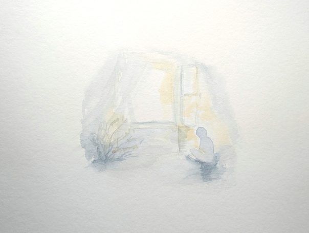 Wo der Morgen blieb Aquarell und Bleistiftzeichnung, mit sitzender Figur am offenem Fenster, hellem Morgenlicht und in zarten Blau - grauen Schatten
